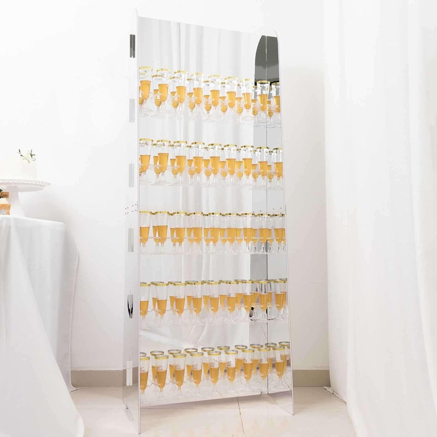 Tableclothsfactory Silver Mirror Finish 5-Tier Wine Glass Stemware Rack, 40 Champagne Flute Holder Foam Board Wall Stand - 5ft