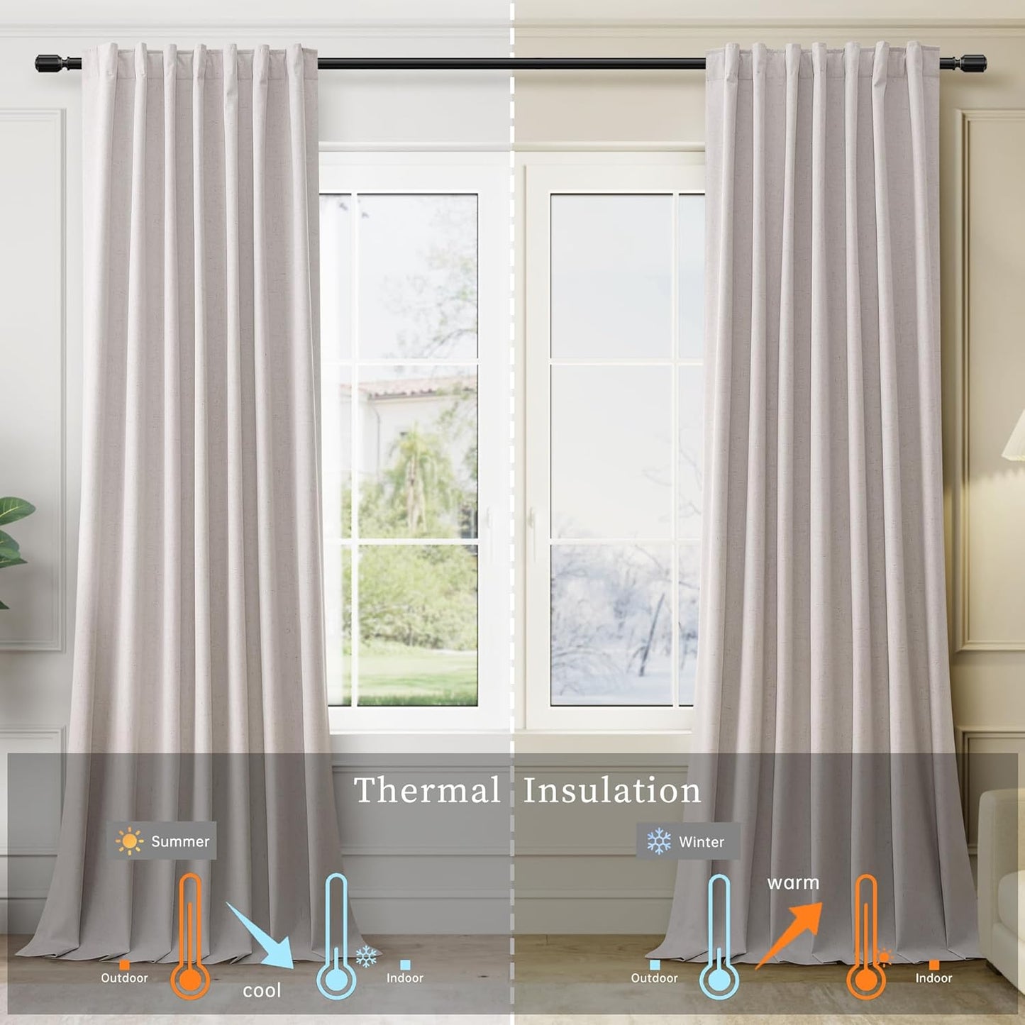 BOODII 108 Inch Black Out Curtains 2 Panels Set Back Tab Thermal Insulated Natural Linen Textured Blackout Curtains Noise Reducing Champagne Neutral Living Room Darkening Window Drapes Pleated 52x108
