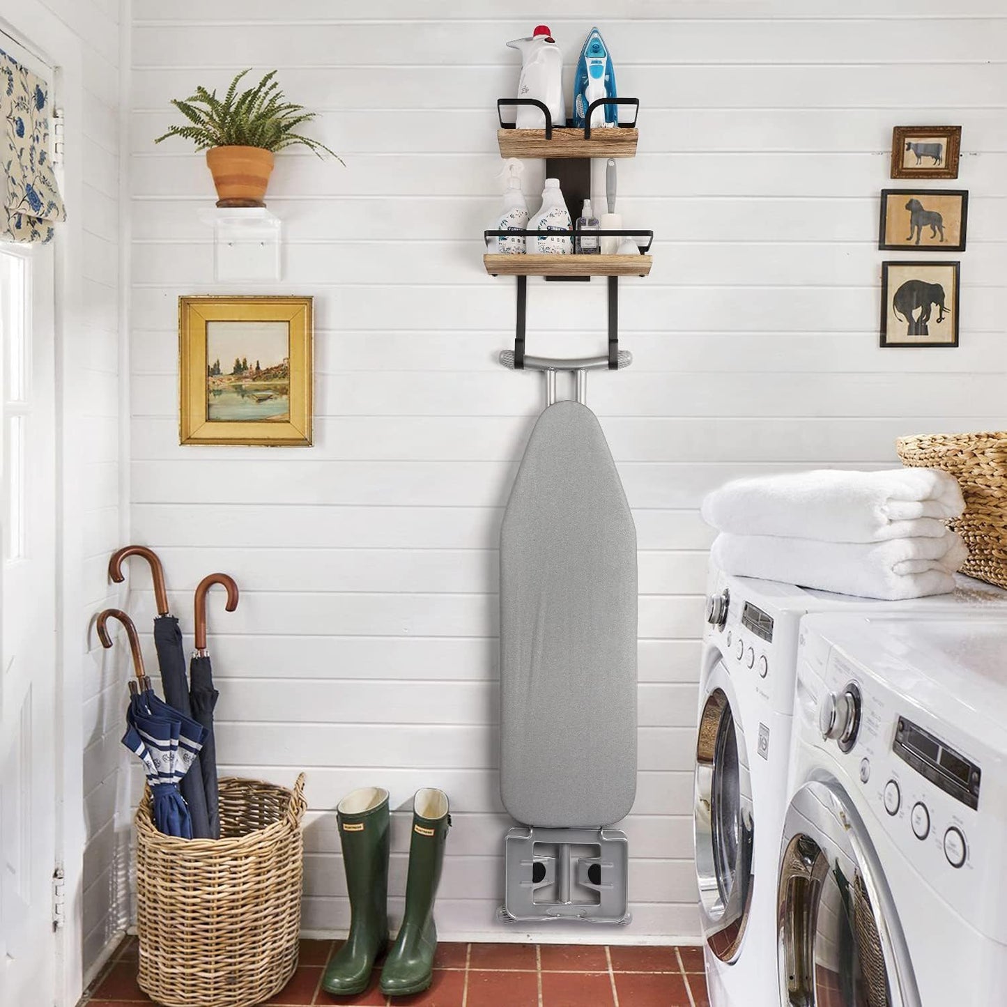 VINAEMO Ironing Board Hanger Wall Mount, 2-Layer Iron and Ironing Board Holder, Laundry Room Shelves Solid Wood with Removable Hooks Home Organization and Storage