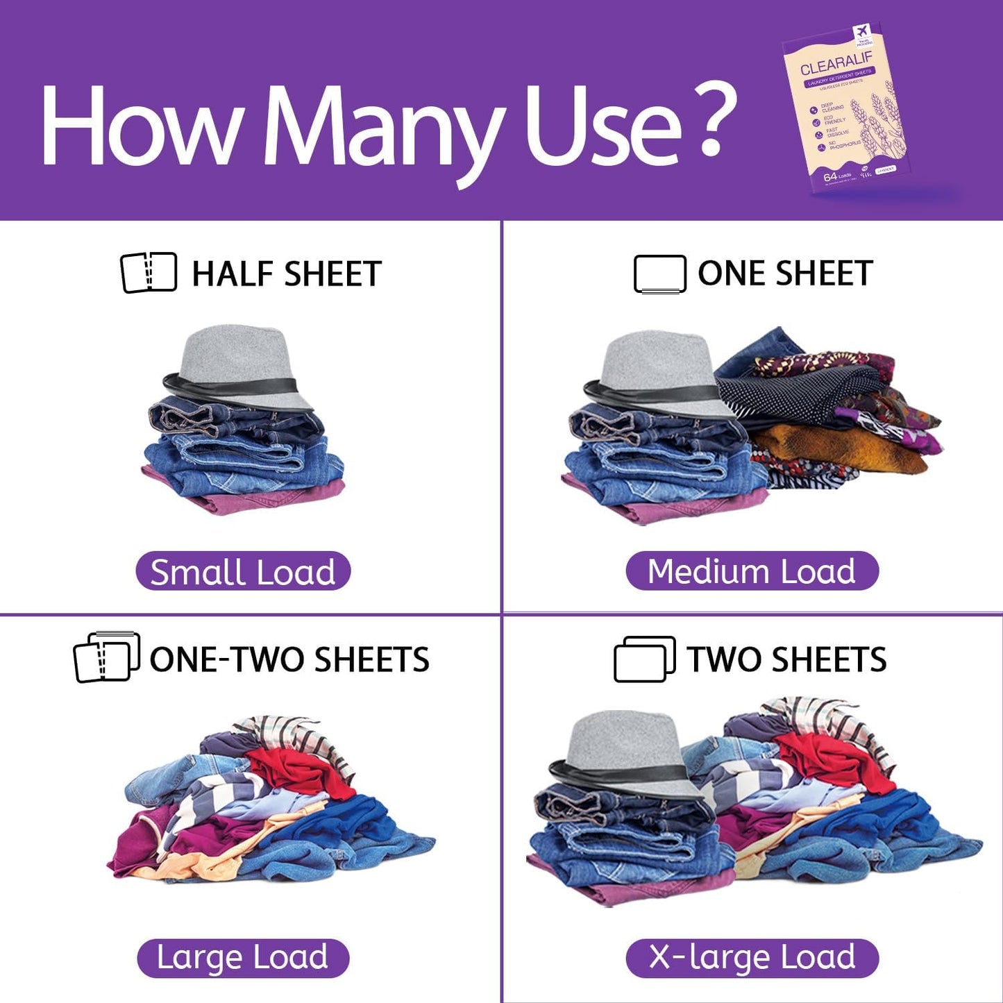 CLEARALIF Laundry Detergent Sheets, Lavender, 64 Load, CLEARALIF Laundry Detergent Strips Eco Friendly & Hypoallergenic