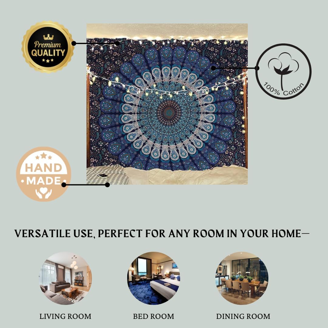 Bless International Handmade Indian hippie Bohemian Psychedelic Peacock Mandala Wall hanging College Dorm Beach Throws Table Cloth Bedding Tapestry (Blue Green, Poster(30x40Inches)(76x101cms))