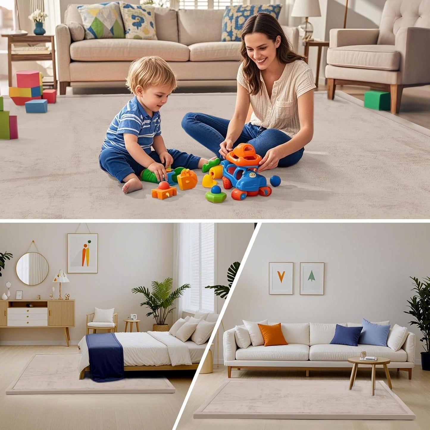 ACOMOPACK Baby Play Mat for Floor,1.3" Thick Memory Foam Area Rug for Living Room,Soft Velvet Crawling with Non-Slip Bottom for Kid,Toddler,79"×118" Tummy Time Nursery Rugs,Yoga(Beige)