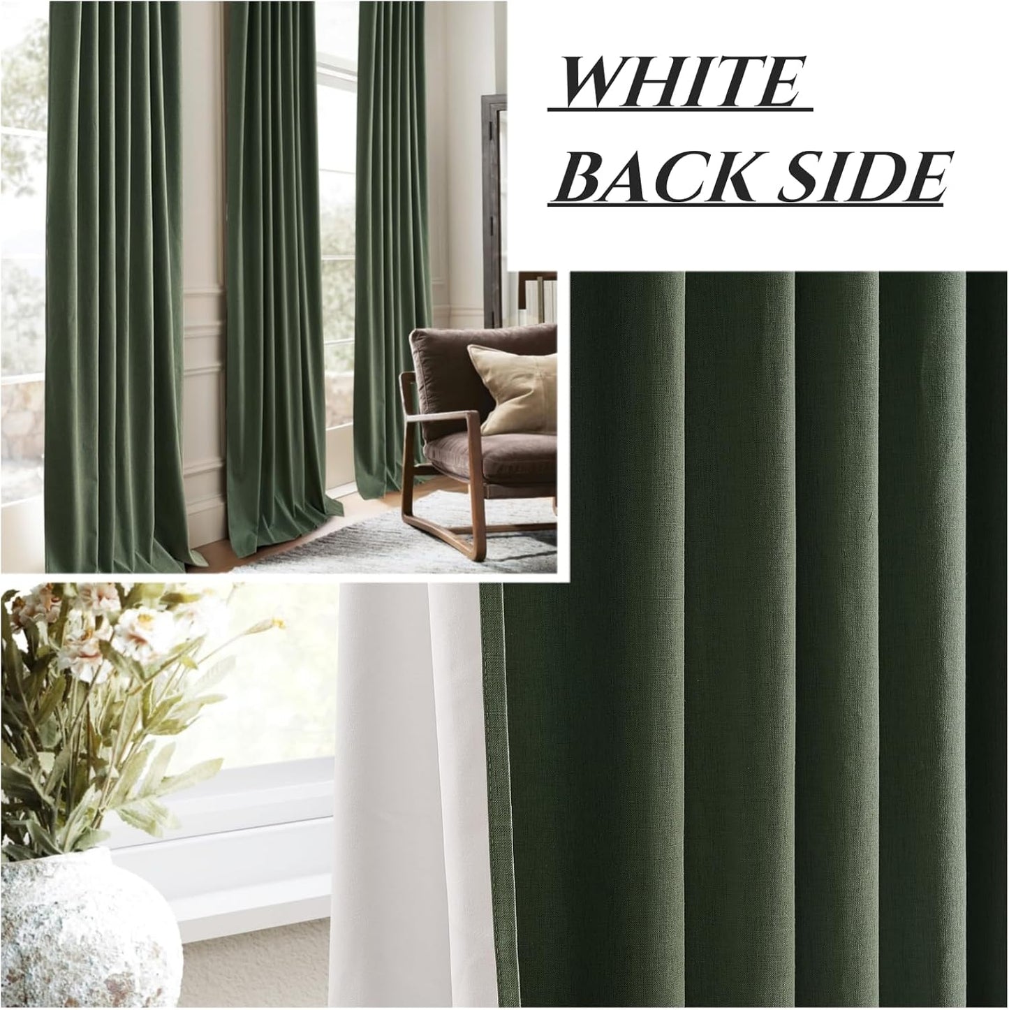 Loden Spring Living Room Curtains Linen 90 Inches Long Pinch Pleated Traverse Window Curtains Complete Blackout Heat & Cold Blocking for Sliding Glass Dark Olive Green Drapes (40"wx90"Lx2 Panels)