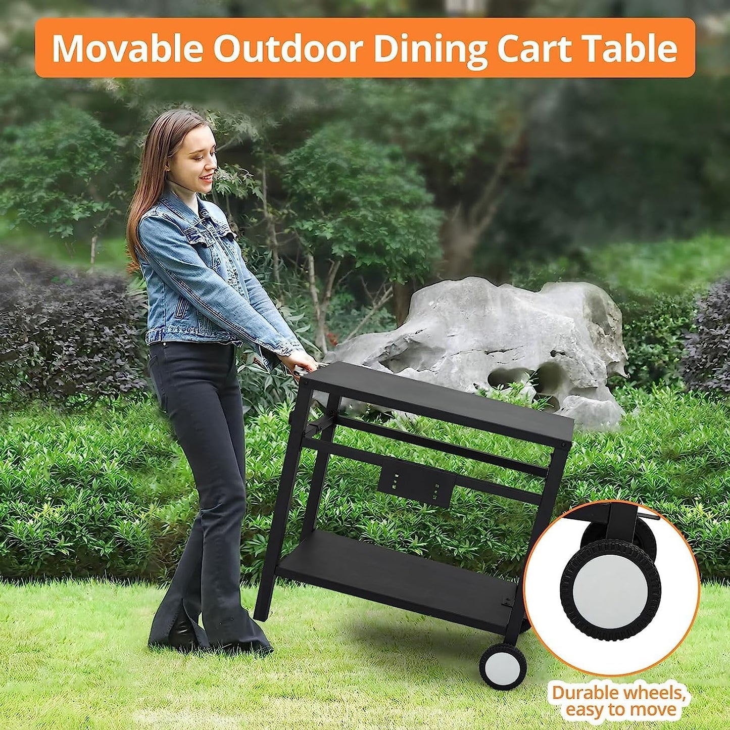 Bar Cart, Outdoor Grill Cart, Pizza Oven Stand, BBQ Prep Table with Wheels & Hooks, Side Handle, Double-Shelf Grilling Cart, Tabletop Griddle Cooking Station for Bar, Patio, Kitchen (Black)