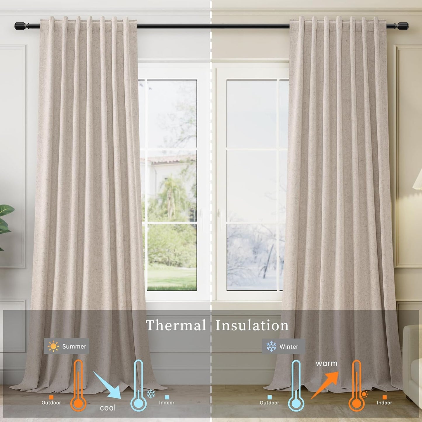 BOODII Oatmeal Linen Black Out Curtains 84 Inch Long 2 Panels Set for Bedroom Light Blocking Curtains Greige with 100% Blackout Backing Warm Taupe Thermal Insulated Room Darkening Nursery Curtain