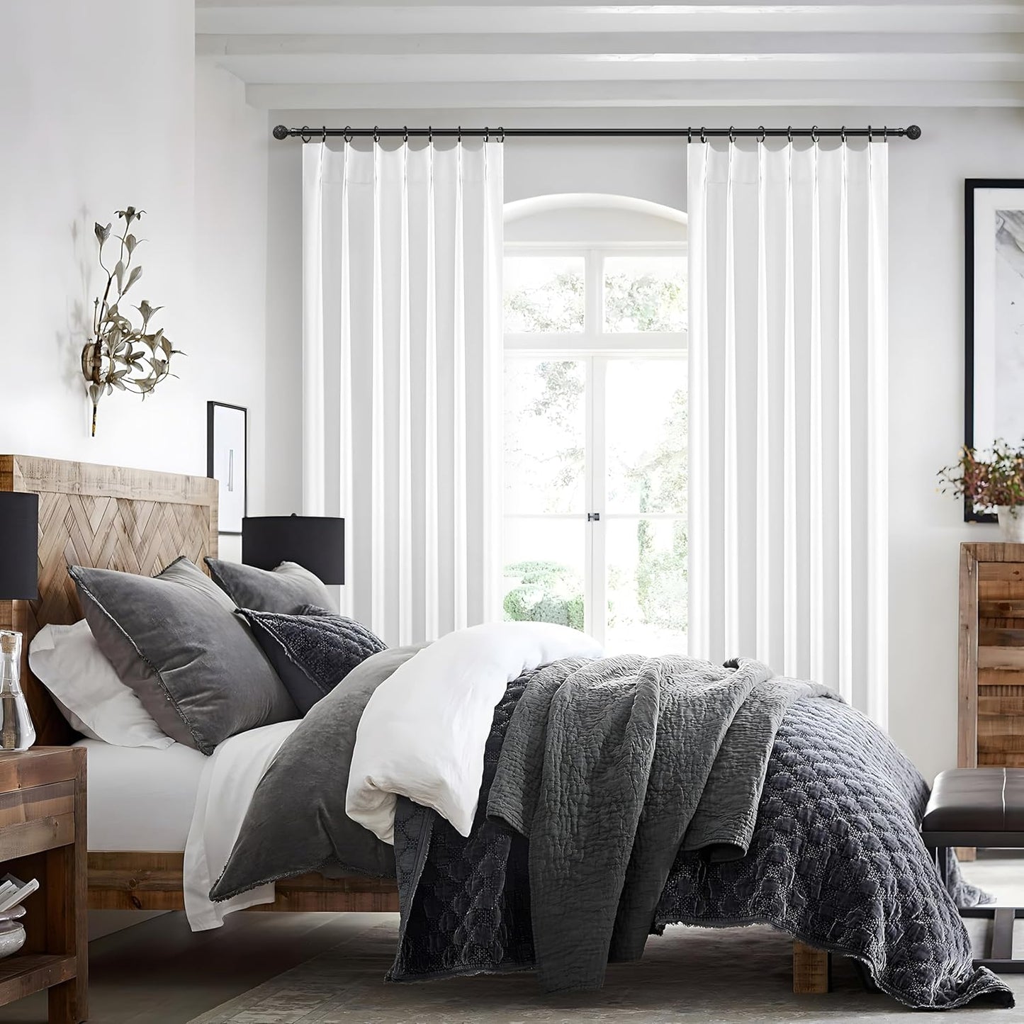 Pinch Pleated Bright White Blackout 95 Inch Curtains 2 Panels Set for Bedroom, Elegant Flax Linen Room Darkening Drapes with Hooks Rings & Ceiling Track 95 Inches Length Window Curtain for Dining Room
