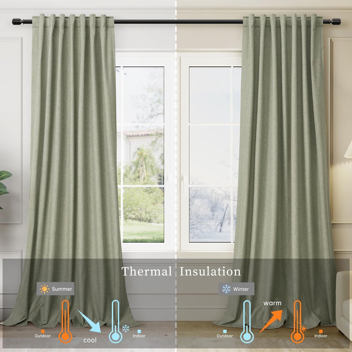 BOODII Sage Green Linen Blackout Curtains Thermal Insulated 120 Inch 100% Complete Black Out Window Curtains Back Tab Linen Textured Neutral Farmhouse Living Room Darkening Drapes High Ceiling Length