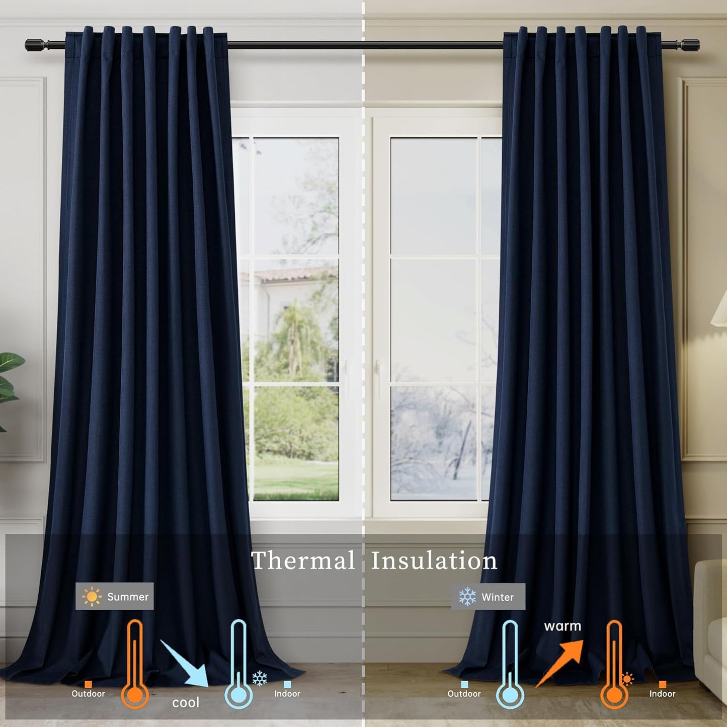 BOODII Navy Blue Blackout Curtains for Bedroom 80 Inch Length 2 Panels Set Room Darkening Curtains Linen Black Out Curtain Modern Thermal Insulated Living Room Drapes Back Tab Dark Blue 52x80