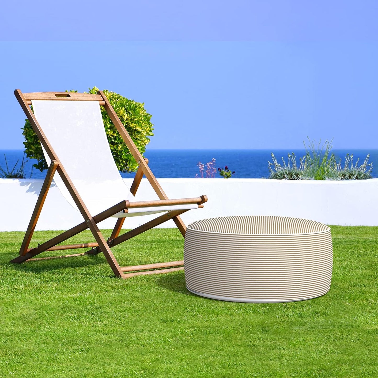 LVTXIII Inflatable Stool Ottoman Footrest with Handle, All Weather Foot Rest, Indoor or Outdoor Use for Home Patio Garden and Camping, D21 x H9, Stripe Beige