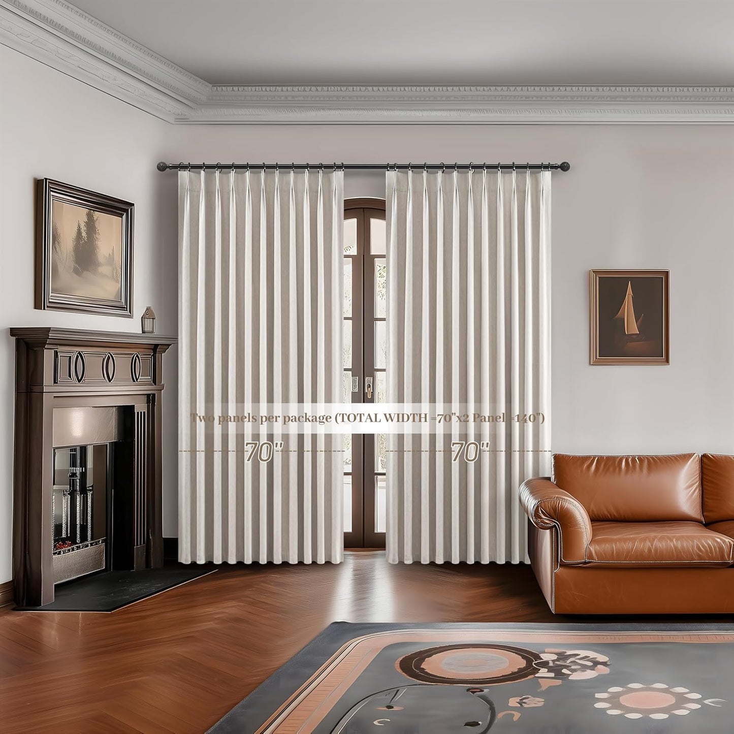 Curtains 70 Inch Length Wide Pinch Pleated Blackout for Sliding Glass Door, Farmhouse Natural Linen Thick Thermal for Summer Heat/Sound Noise Reducing Heavy Large Window Drapes (70"Wx102"Lx2Panels)