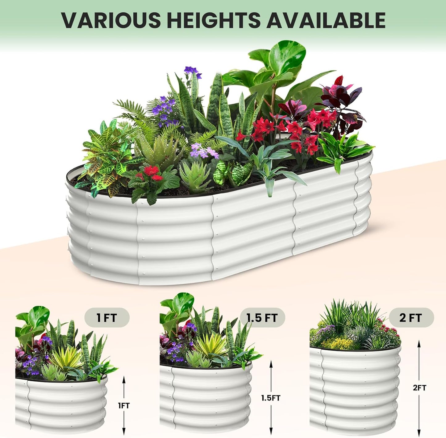 2 Pcs 6x3x2ft Oval Raised Garden Bed, Galvanized Raised Beds,Open-Ended Base Metal Raised Planter Beds,Garden Bed Outdoor,Planter Raised Boxes for Vegetables, Flowers,Tool-Free Asse,White
