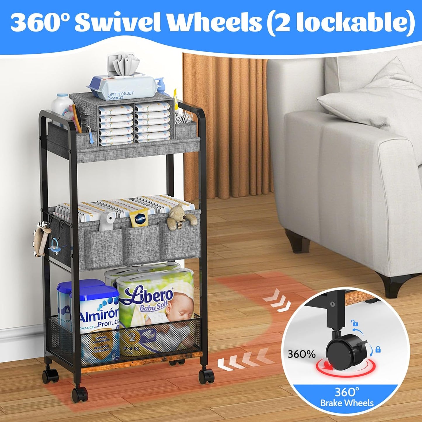 2In1 Baby Diaper Caddy & 3-Tier Rolling Diaper Cart, Caddy Organizer Cart with Dividers, Mobile Metal Bedside Carts for Baby Essentials, Rolling Carts for Newborn Nursery with Wheels, Large Capacity