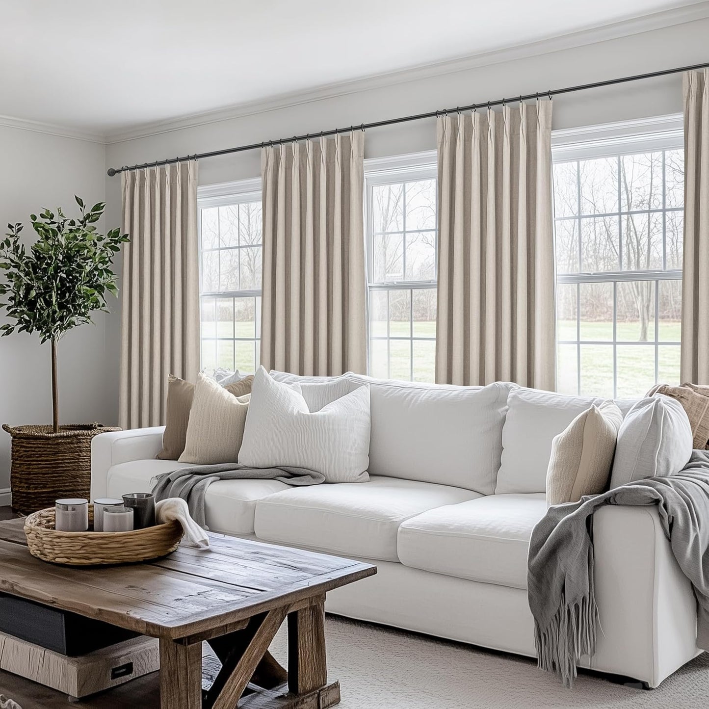 Grey Beige Taupe Viral Curtains with French Pinch Pleat Clips& White Backing, Thermal Living Room/Bedroom Linen Blackout Curtain 96 Inches Long 2 Panels Set Window Boho Summer Drapes (40"Wx96"L)