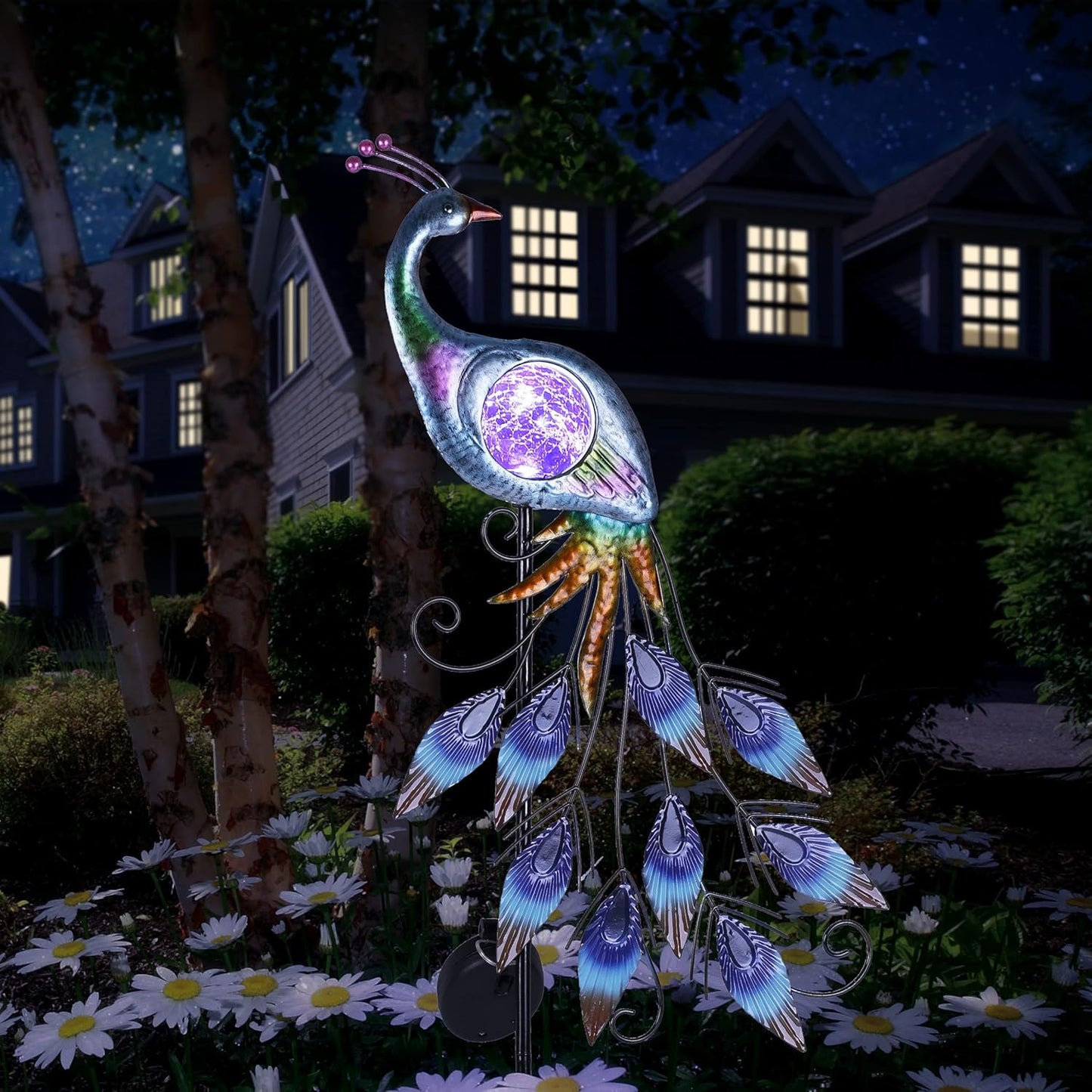 TERESA'S Collections Yard Decorations Outdoor for Garden Decor, Peacock Solar Outdoor Lights, 35.4'' Metal Lawn Ornaments for Outside with Crackle Glass Ball, Decorative Stake Gifts for Mom