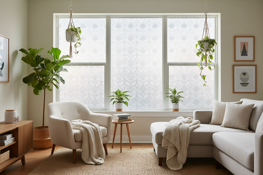 Modern apartment living room with frosted privacy window film on large windows, demonstrating affordable renter-friendly upgrades under $50 with natural light filtering and elegant minimalist decor