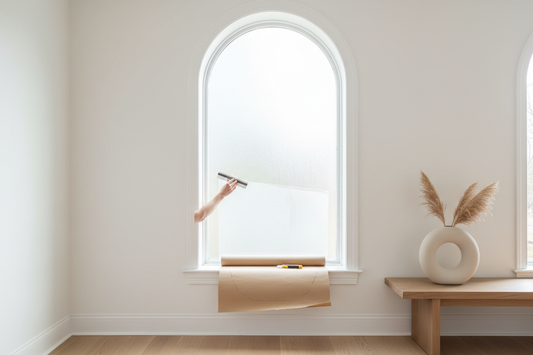 Step-by-step arched window film installation showing frosted privacy film being applied with a squeegee on a curved window in a bright modern home.