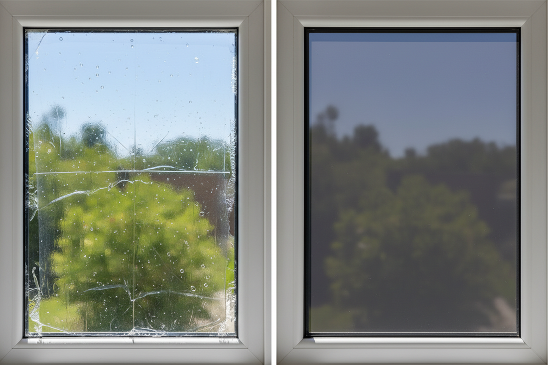 Before and after comparison showing poor installation with bubbles versus perfect smooth bubble-free window film installation