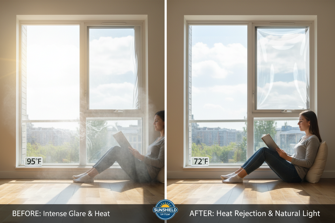 Before and after comparison showing window without film experiencing heat and glare versus window with UV blocking mirror film rejecting solar heat while maintaining natural light transmission