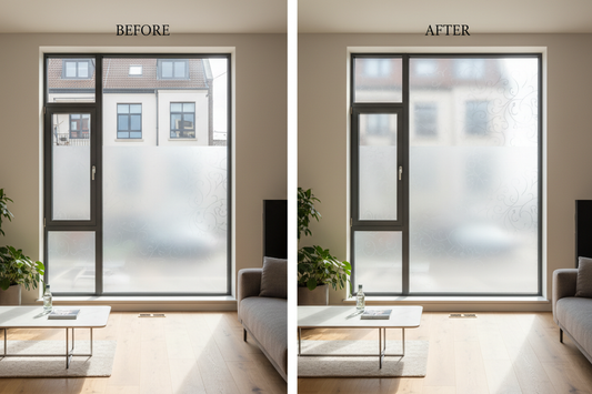 Before and after comparison showing clear glass window transformed with frosted privacy film, renter-friendly solution with no damage or residue
