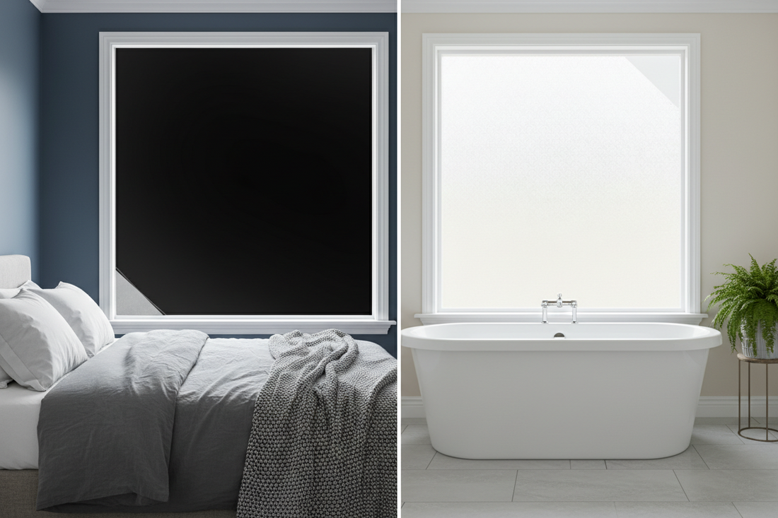 Side-by-side comparison of blackout and frosted window films showing a bedroom with complete light-blocking blackout film for darkness and sleep, next to a bathroom with translucent frosted film allowing soft natural light while maintaining privacy