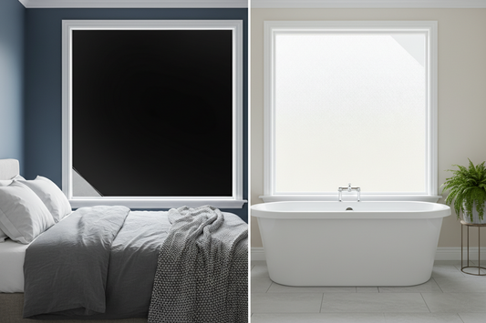 Side-by-side comparison of blackout and frosted window films showing a bedroom with complete light-blocking blackout film for darkness and sleep, next to a bathroom with translucent frosted film allowing soft natural light while maintaining privacy