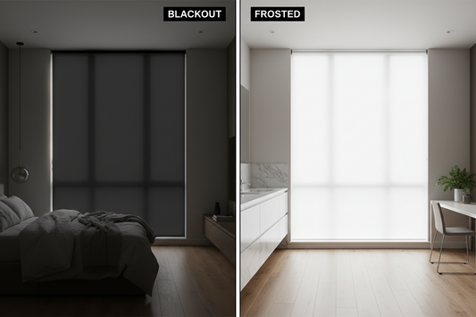 Side-by-side comparison of blackout window film blocking all light in a bedroom versus frosted window film allowing diffused natural light in a modern bathroom