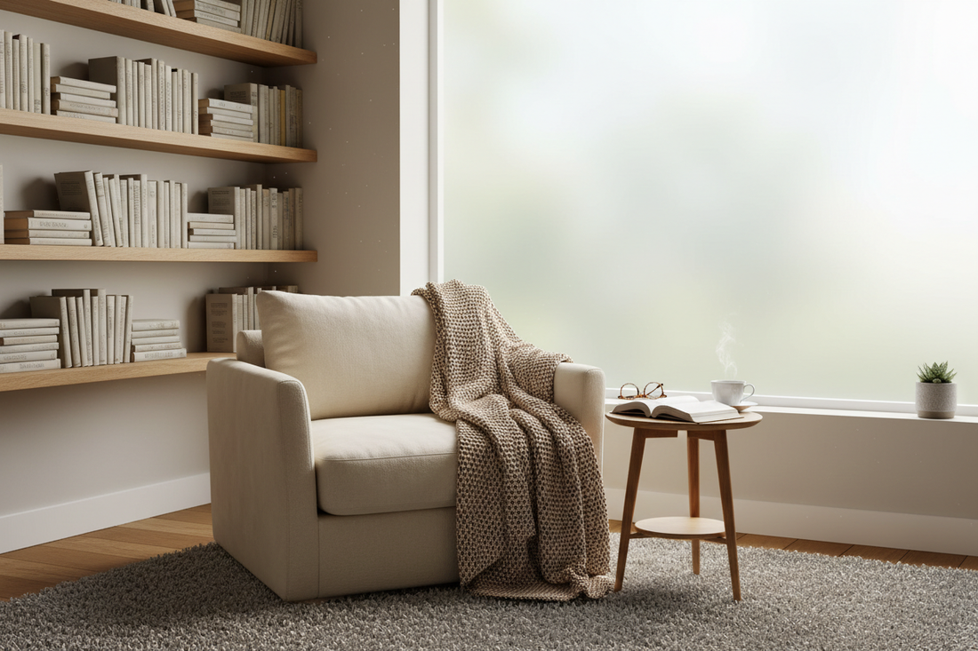 Cozy reading nook with frosted privacy window film and comfortable seating