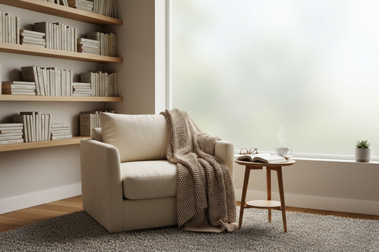 Cozy reading nook with frosted privacy window film and comfortable seating