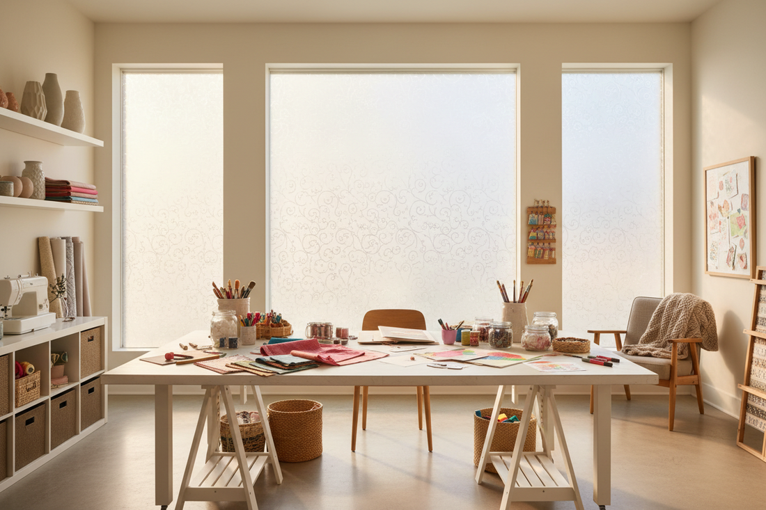  Bright craft room with frosted privacy window film allowing natural light while maintaining privacy