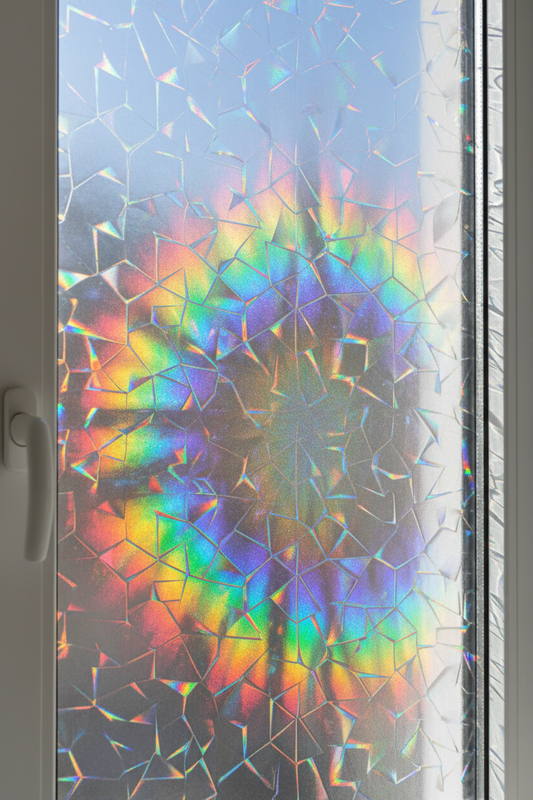 Close-up of decorative rainbow holographic window film showing vibrant prismatic light effects and spectrum colors on glass surface