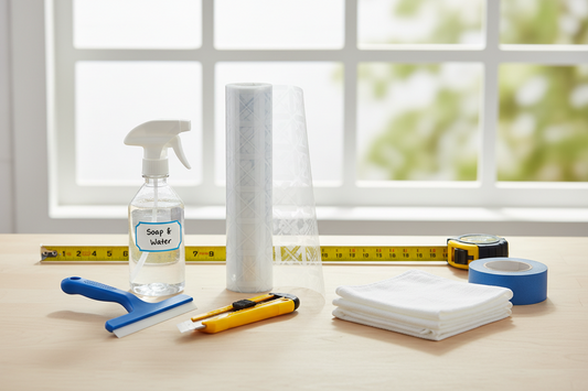 Hands applying static cling window privacy film to glass using squeegee tool for bubble-free installation