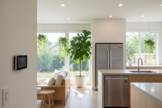 A modern home interior showcasing energy-saving upgrades including a smart thermostat, LED lighting, solar control window film, and energy-efficient appliances in a clean eco-friendly setting