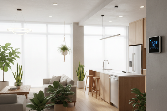  A modern home interior showcasing energy-saving upgrades including a smart thermostat, LED lighting, solar control window film, and energy-
