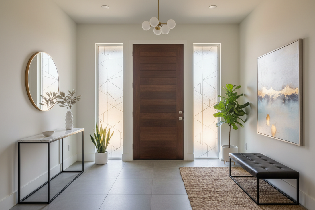 Modern entryway with frosted privacy film on sidelight windows creating elegant privacy while maintaining natural light