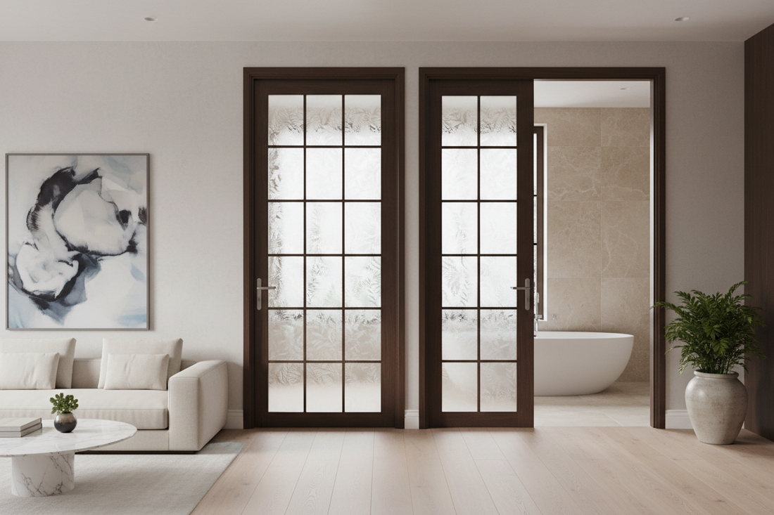 "Elegant French doors with frosted privacy film in modern luxury interior allowing natural light