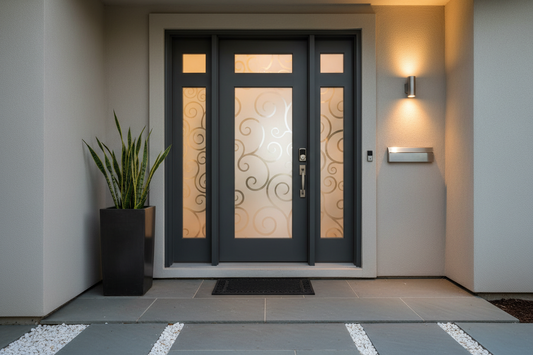 Modern front door with frosted privacy film on glass panels, showing elegant entryway with natural light diffusion and enhanced home security