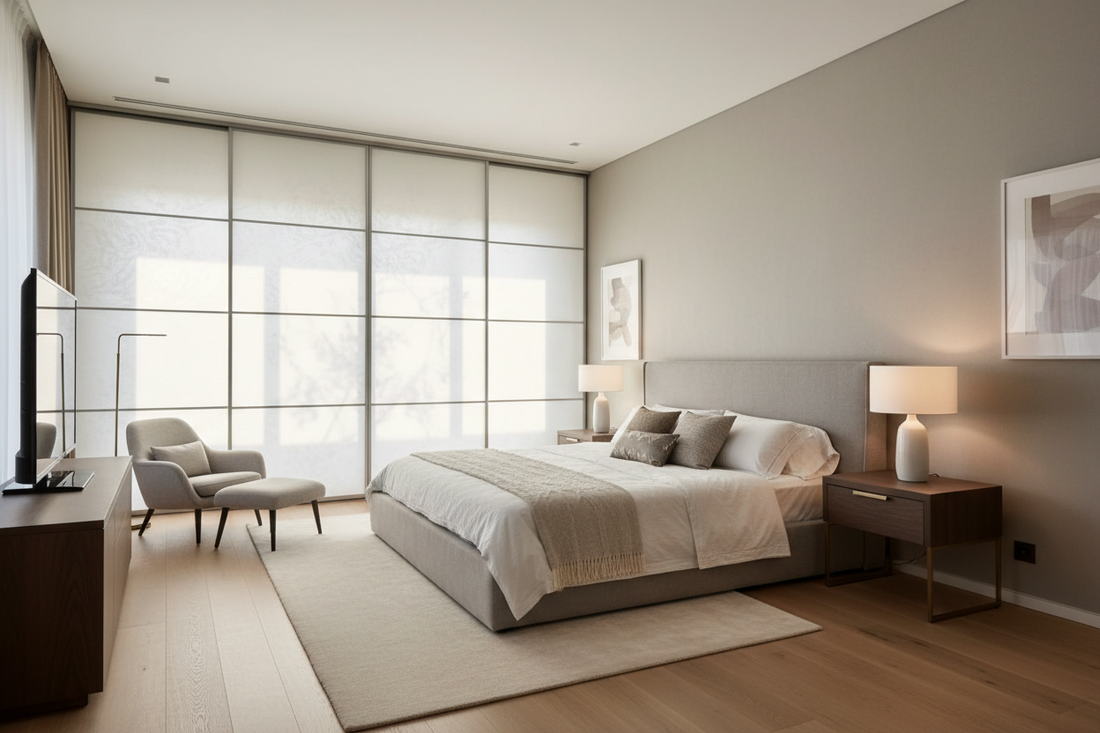 Modern bedroom with frosted glass closet doors creating boutique hotel aesthetic