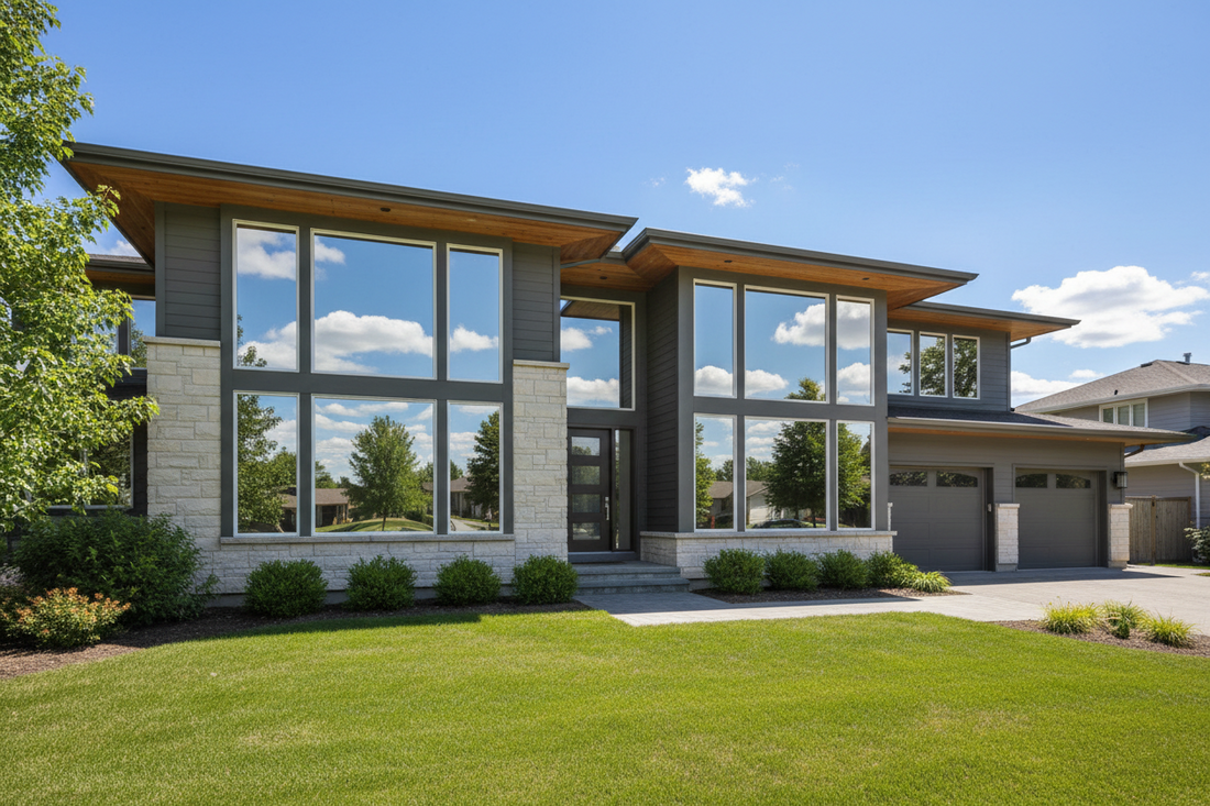 American suburban home exterior showing uniform reflective one-way mirror film on windows creating modern curb appeal