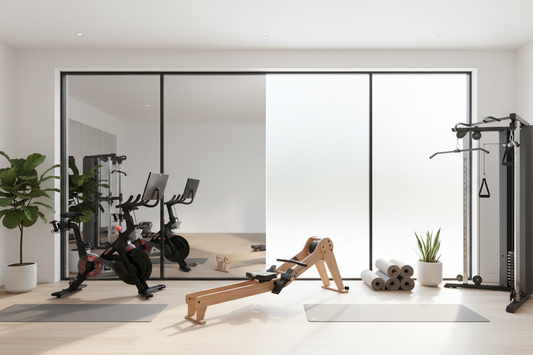 Modern home gym interior comparing mirror window film and frosted window film privacy solutions with natural lighting and contemporary exercise equipment