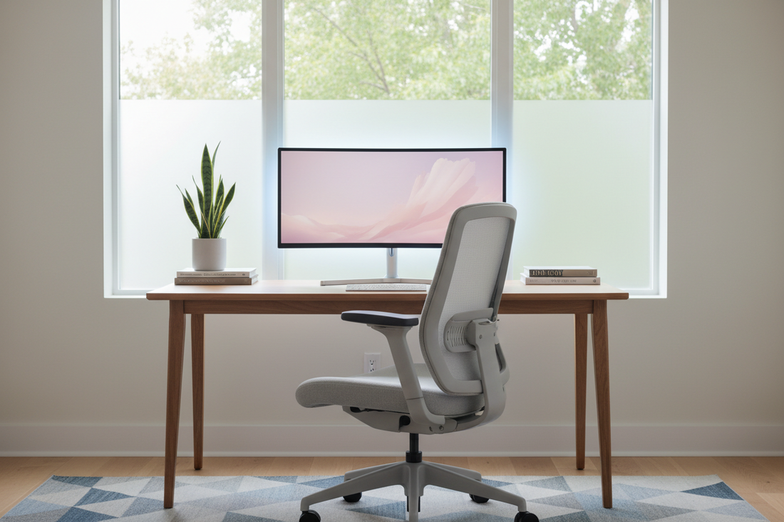 A bright modern home office with an ergonomic chair, clean wooden desk, LED lighting, a small plant, and natural light through a frosted window — productive and inspiring workspace