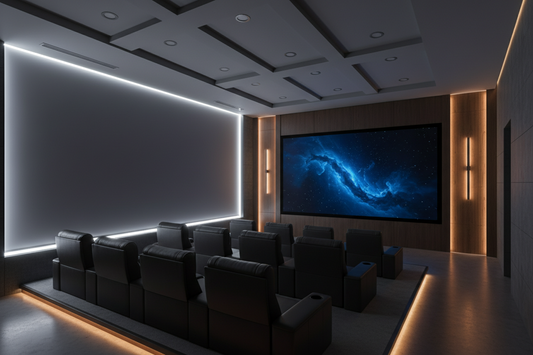 Modern home theater with professional blackout window film providing complete light control
