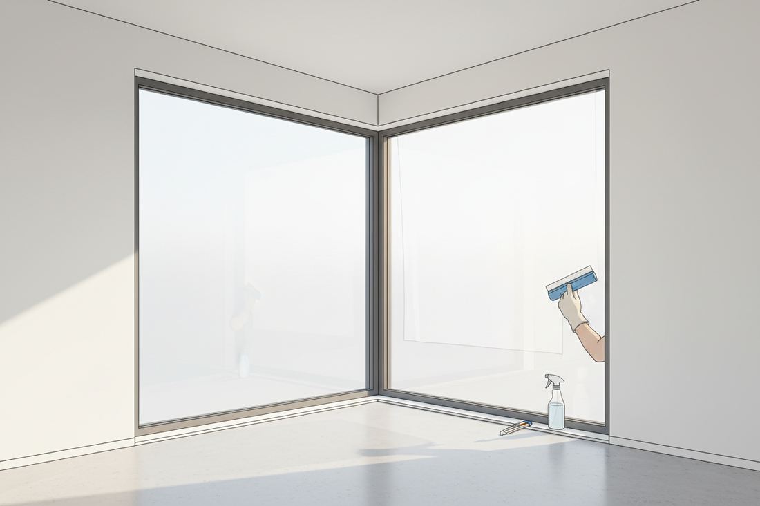  Professional installation of privacy film on L-shaped corner windows with tools and frosted glass effect
