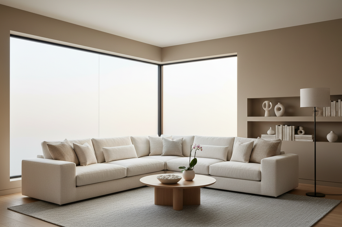 Modern living room with L-shaped corner windows featuring professionally installed frosted privacy film