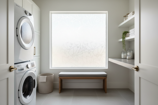 Modern laundry room with frosted window privacy film allowing natural light