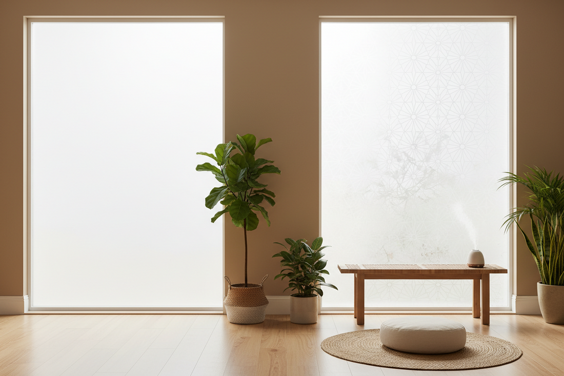Serene meditation room showcasing frosted and decorative privacy window films with natural light
