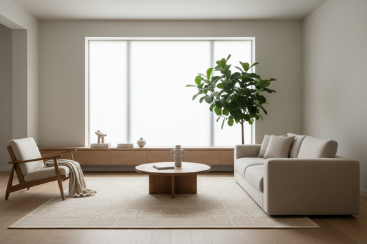 A serene minimalist living room featuring warm neutral tones, natural wood furniture, linen textiles, a large leafy plant, and soft diffused light through a