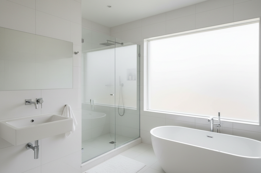 Modern bright bathroom featuring white frosted window privacy film allowing natural light while maintaining complete privacy, with frosted glass shower door - curtain-free bathroom solution