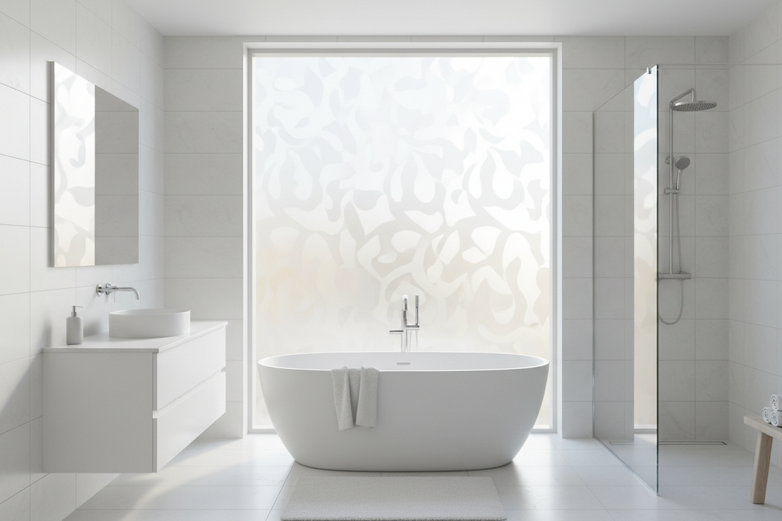 Modern bathroom with frosted privacy window film allowing natural light while maintaining privacy - best bathroom window film review