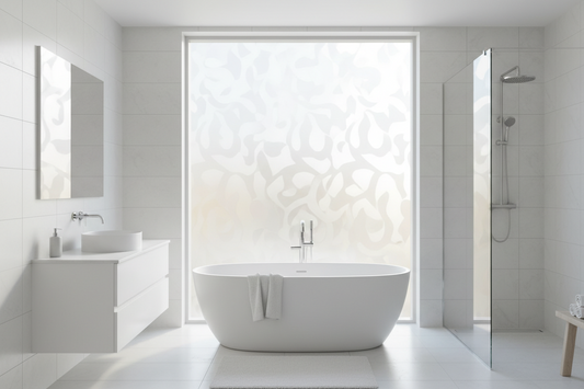 Modern bathroom with frosted privacy window film allowing natural light while maintaining privacy - best bathroom window film review