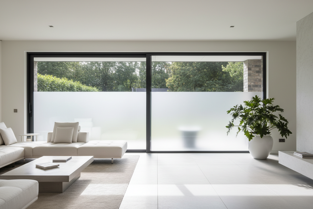 Modern glass sliding patio door with frosted privacy film in contemporary home interior, showing natural light diffusion and privacy balance
